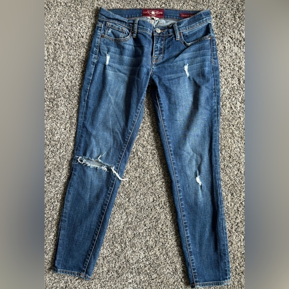 Lucky Brand Charlie Skinny‎ Distressed Medium Wash Denim Jean Blue Size 4/27